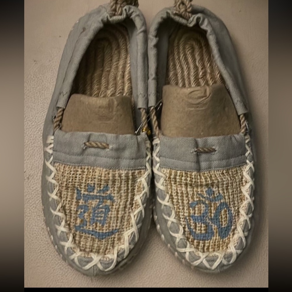 Gray and Beige Slip-On Shoes with Blue Symbols